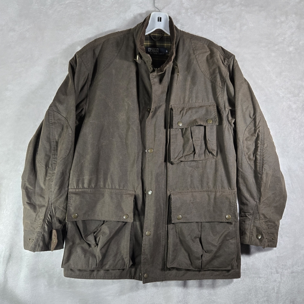 Polo Ralph Lauren Oil Cloth Chore Jacket Men Sz Small S Brown Fleece Plaid Lined